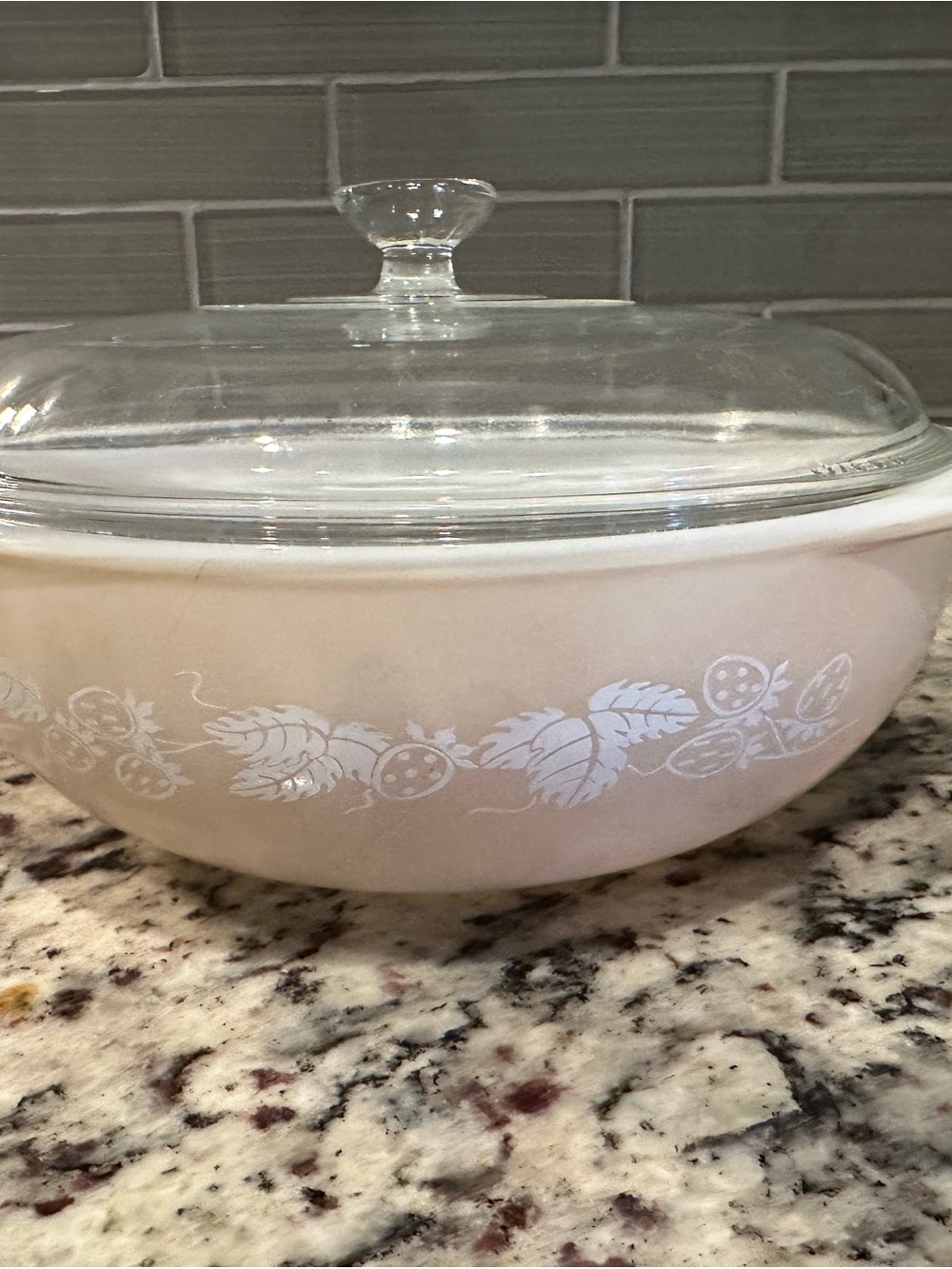 Vintage Pyrex Glass Casserole Dish with Lid - White Leaf Pattern